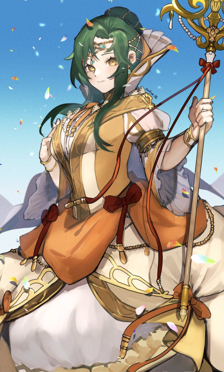 1girl blue_sky breasts circlet closed_mouth commentary_request elincia_ridell_crimea elincia_ridell_crimea_(devoted_queen) fire_emblem fire_emblem:_radiant_dawn fire_emblem_heroes green_hair hand_on_own_chest highres holding holding_staff jewelry long_hair looking_at_viewer medium_breasts nintendo official_alternate_costume outdoors petals seinikuten sky smile solo staff twitter_username yellow_eyes