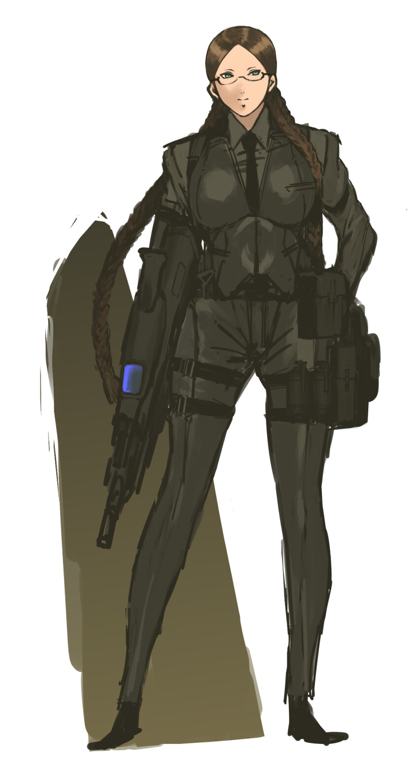 1girl airburst_grenade_launcher alliant_techsystems assault_rifle bad_anatomy belt_pouch black_gloves braid breasts brown_hair bullpup carbine clenched_hand computerized_scope contraves_brashear_systems cropped_legs female_focus glasses glasses_girl_(nameo) gloves green_eyes grenade_launcher gun hair_over_shoulder head_tilt heckler_&amp;_koch highres holding holding_gun holding_weapon huge_weapon l-3_communications_corporation l3_technologies large_breasts long_hair military military_program modular_weapon_system multi-weapon multiple-barrel_gun nameo_(judgemasterkou) necktie night-vision_device objective_individual_combat_weapon_(military_program) objective_infantry_combat_weapon_(military_program) original parted_bangs poorly_drawn pouch precision-guided_firearm prototype_design rifle scope selectable_assault_battle_rifle_(military_program) semi-automatic_grenade_launcher semi-rimless_eyewear short-barreled_rifle sight_(weapon) simple_background smart_scope solo suspenders telescopic_sight thermal_weapon_sight transforming_weapon trigger_discipline twin_braids under-barrel_configuration under-rim_eyewear underbarrel_assault_rifle underbarrel_rifle weapon xm104_(smart_scope) xm29_oicw