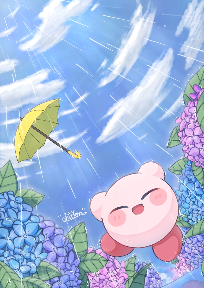 :d airi_chiffon blue_flower blue_sky blush_stickers closed_eyes cloud commentary_request day flower full_body highres hydrangea kirby kirby_(series) leaf nintendo no_humans open_mouth outdoors pink_flower purple_flower rain signature sky smile solo umbrella yellow_umbrella