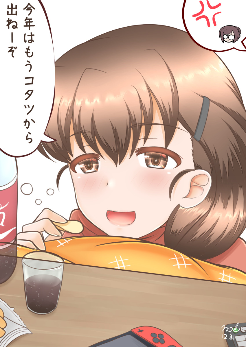 2girls absurdres anger_vein angry braid brown_eyes brown_hair casual coca-cola commentary_request dated desk girls_und_panzer glasses hair_ornament hairpin highres hood hoodie io-catalyst kotatsu long_braid long_hair multiple_girls nilgiri_(girls_und_panzer) nintendo_switch open_mouth red_hoodie round_eyewear rukuriri_(girls_und_panzer) smile table translation_request