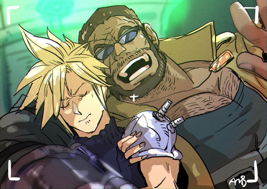 2boys amu_(omoro3bot) arm_around_neck barret_wallace beard black_tank_top blonde_hair blue_shirt brown_hair brown_vest chest_hair closed_eyes cloud_strife dark-skinned_male dark_skin dog_tags facial_hair final_fantasy final_fantasy_vii final_fantasy_vii_remake furrowed_brow highres male_focus multiple_boys open_mouth prosthetic_weapon scar scar_across_eye scar_on_face shirt short_hair single_shoulder_pad sleeveless sleeveless_turtleneck smile spiked_hair sunglasses tank_top turtleneck upper_body very_short_hair vest viewfinder