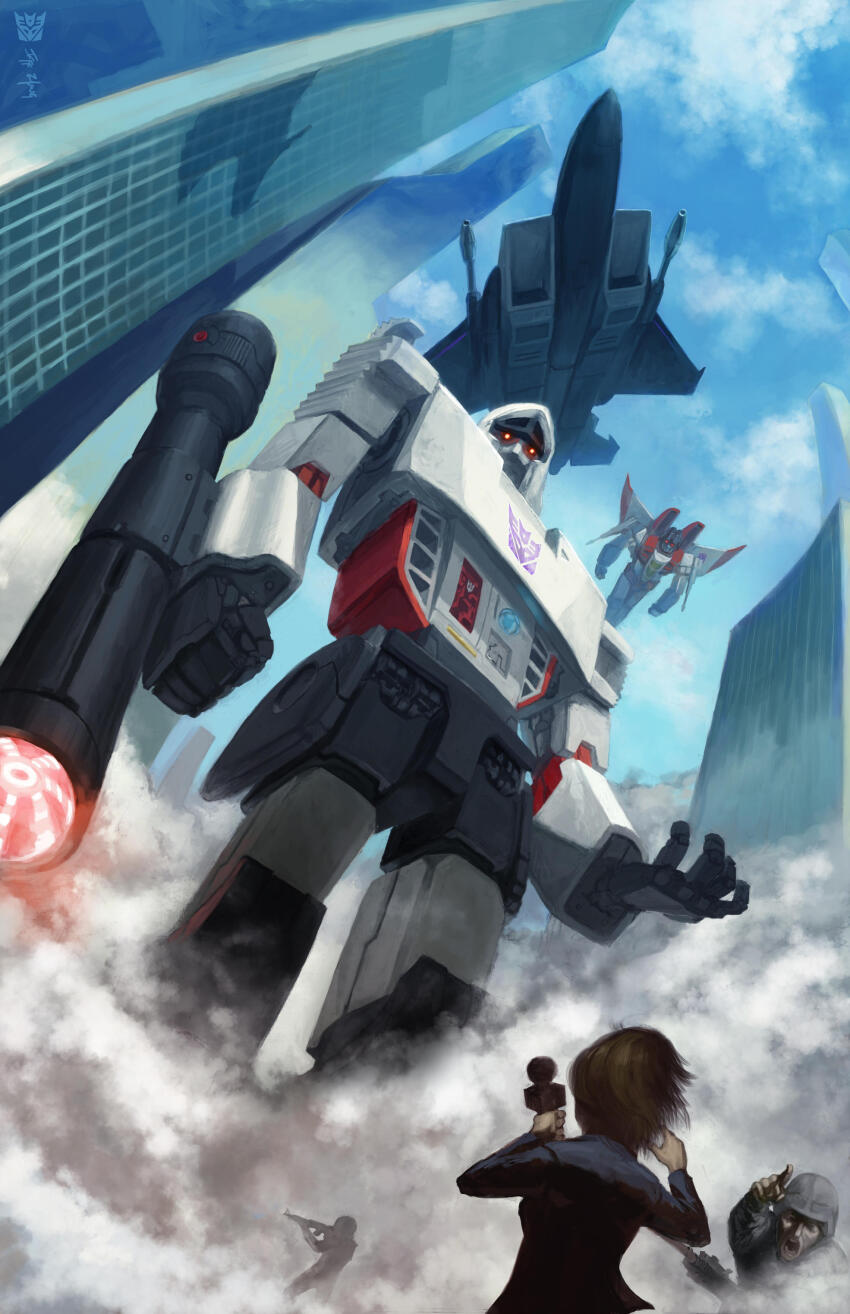 absurdres aircraft airplane airplane_wing arm_cannon armor building decepticon doomsplosion f-15_eagle glowing glowing_eyes helmet highres humanoid_robot insignia jet mecha mechanical_wings megatron red_eyes robot science_fiction size_difference smoke starscream transformers transformers:_generation_1 weapon wings