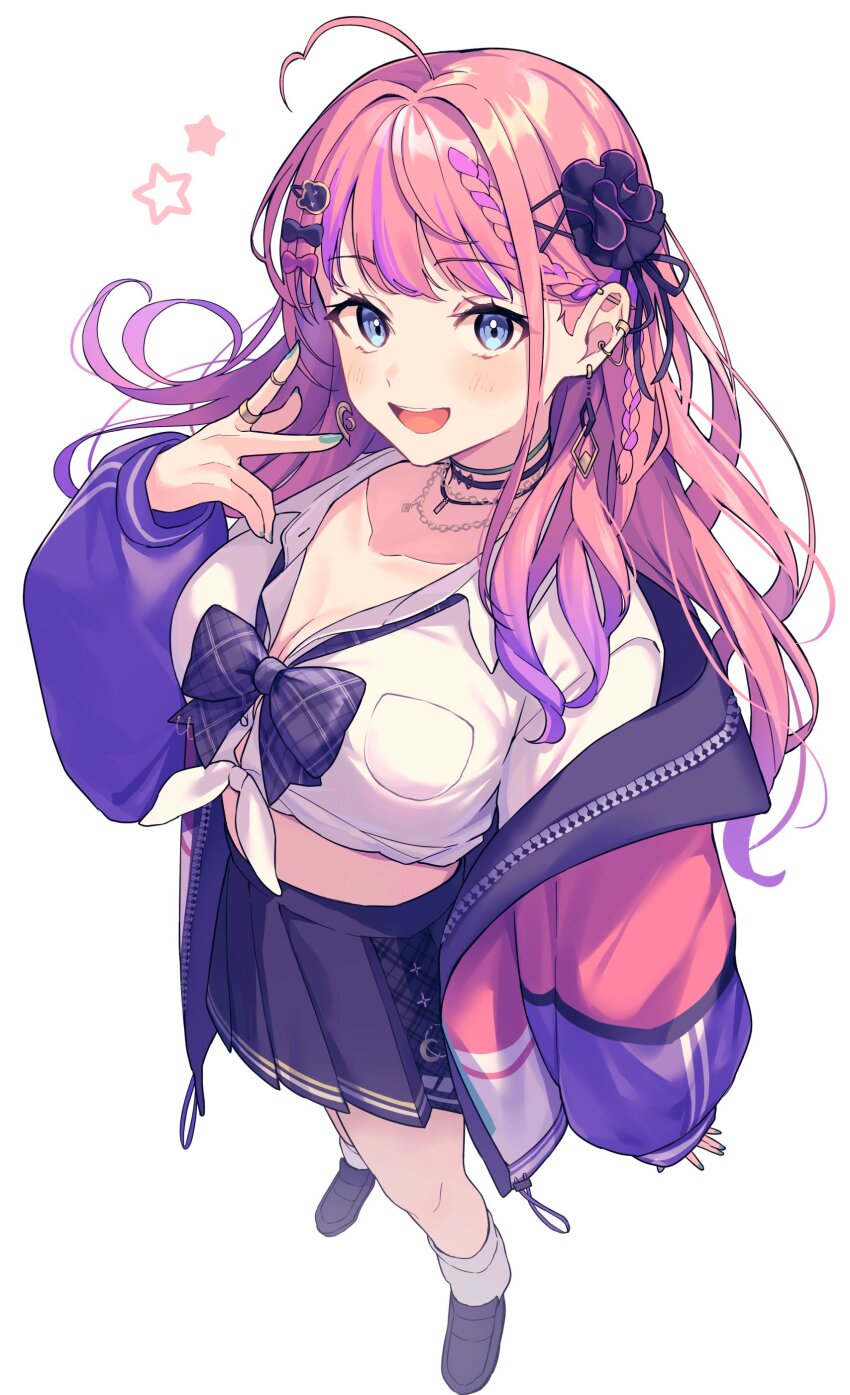 1girl absurdres ahoge amesuku_gyaru black_skirt blue_eyes blue_nails bow braid breasts choker cleavage collarbone collared_shirt earrings gradient_hair gyaru hair_ornament hairclip hairpin heart heart_ahoge highres jacket jewelry kogal kuramochi_meruto kuramochi_meruto_(school_uniform) looking_at_viewer lq_saku medium_breasts multicolored_hair nijisanji open_mouth pink_hair plaid_ribbon pleated_skirt ribbon school_uniform shirt simple_background single_braid skirt solo standing star_(symbol) tied_shirt virtual_youtuber w white_background white_shirt