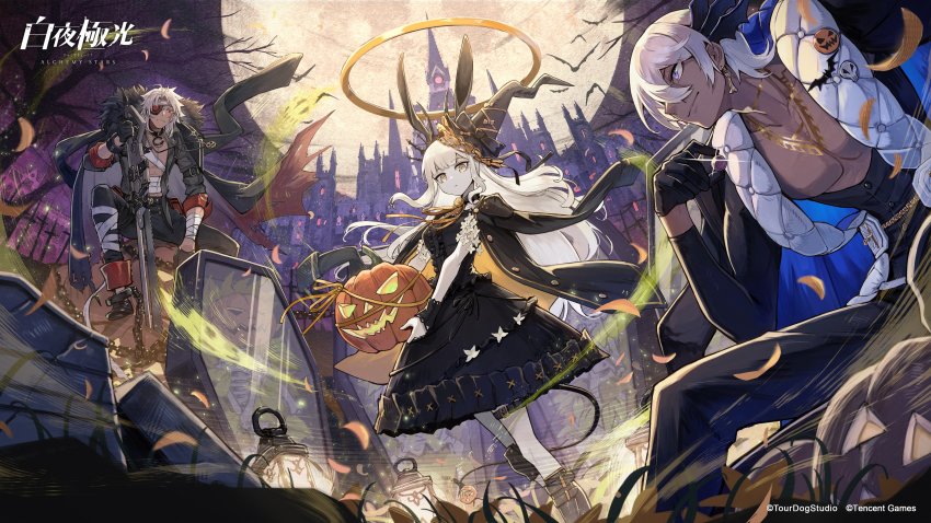 1girl 2boys absurdres alchemy_stars animal_ears artist_request bandaged_arm bandaged_leg bandages bat_(animal) black_dress black_gloves black_pants black_shirt boots buttons center_frills chain cleavage_cutout clothing_cutout coat coat_on_shoulders coffin company_name copyright_name copyright_notice corax_(alchemy_stars) cuffs cuscuta_(alchemy_stars) dark-skinned_male dark_skin dress earrings eyepatch frills full_moon fur-trimmed_coat fur_trim gloves halo hat highres holding holding_food holding_pumpkin holding_sword holding_vegetable holding_weapon jack-o&#039;-lantern jacket jacket_on_shoulders jewelry lantern leaf long_hair looking_at_viewer mansion moon multiple_boys official_art open_clothes open_shirt pants pectorals planted planted_sword planted_weapon pumpkin purple_eyes rabbit_ears scar scar_across_eye scar_on_face shackles shirt short_hair sitting skeleton smile sparkle standing sword tail taki_(alchemy_stars) tombstone vegetable weapon white_hair