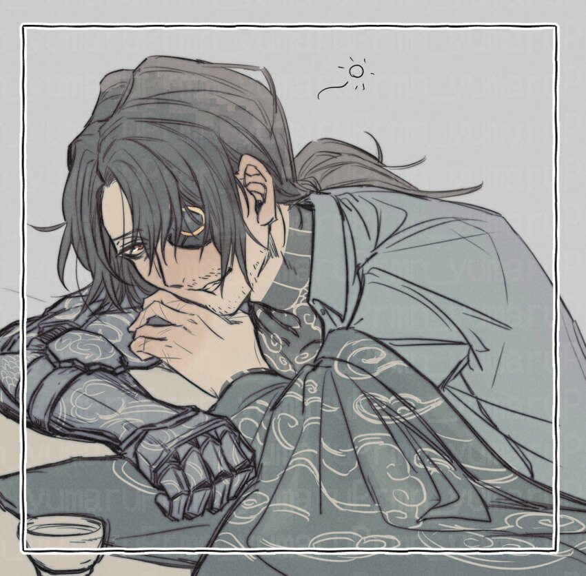 1boy black_shirt border brown_eyes brown_hair collared_shirt cup elbows_on_table eyepatch facial_hair gregor_(project_moon) grin hair_over_one_eye highres irezumi jacket kurokumo_clan_(identity)_(project_moon) leaning_on_self limbus_company male_focus on_table open_mouth prmn_yumaru project_moon prosthesis prosthetic_arm shirt smile solo stubble table tattoo upper_body