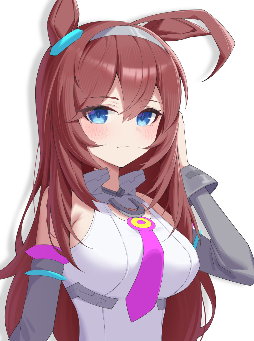 1girl absurdres animal_ears blue_eyes breasts brown_hair closed_mouth grey_hairband hairband highres horse_ears horse_girl jei_(user_tckk7448) large_breasts long_hair looking_at_viewer mihono_bourbon_(umamusume) necktie pink_necktie shadow shirt simple_background solo umamusume upper_body white_background white_shirt