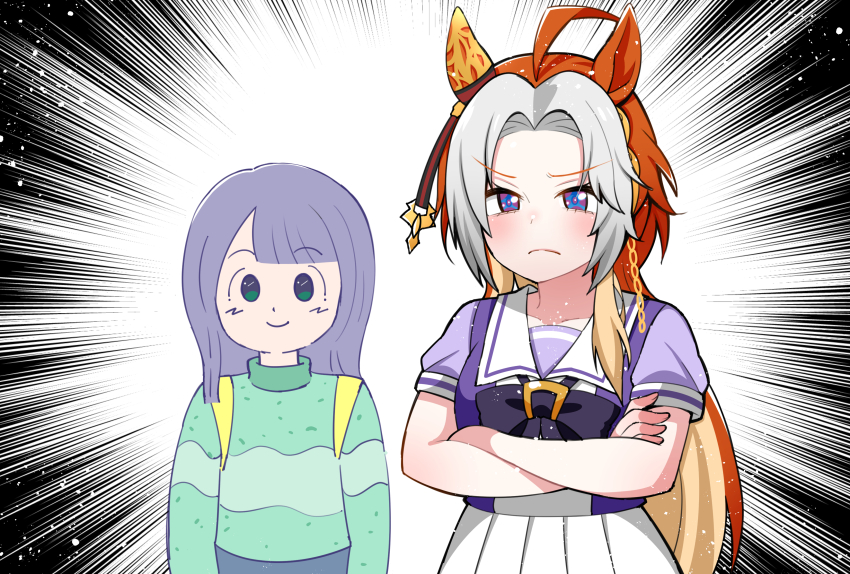 2girls absurdres ahoge aramori_susumu asymmetrical_bangs blunt_bangs blunt_tresses bow bowtie chain commentary crazy_keiba_lady_(jra) crossed_arms ear_covers ear_ornament frown furrowed_brow gold_chain green_eyes green_sweater grey_hair hair_intakes highres japan_racing_association long_hair multicolored_hair multiple_girls orange_hair orfevre_(umamusume) parody pleated_skirt purple_bow purple_bowtie purple_eyes purple_hair purple_shirt sailor_collar sailor_shirt school_uniform shirt single_ear_cover single_sidelock skirt striped_clothes striped_sweater style_parody summer_uniform sweater tracen_school_uniform umamusume upper_body very_long_hair white_sailor_collar white_skirt