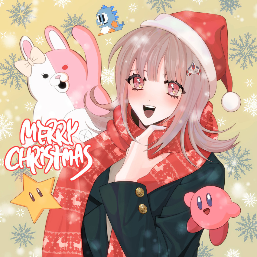 1girl :d bob_(bubble_bobble) bow brown_background brown_hair bubble_bobble christmas commentary crossover danganronpa_(series) danganronpa_2:_goodbye_despair ear_bow english_commentary galaga hair_ornament hand_up highres jacket kirby kirby_(series) long_sleeves mario_(series) medium_hair merry_christmas monomi_(danganronpa) namco nanami_chiaki nintendo open_mouth peosi_(percy) pink_eyes red_scarf scarf shirt smile snowflake_print star_(symbol) super_star_(mario) taito teeth upper_teeth_only
