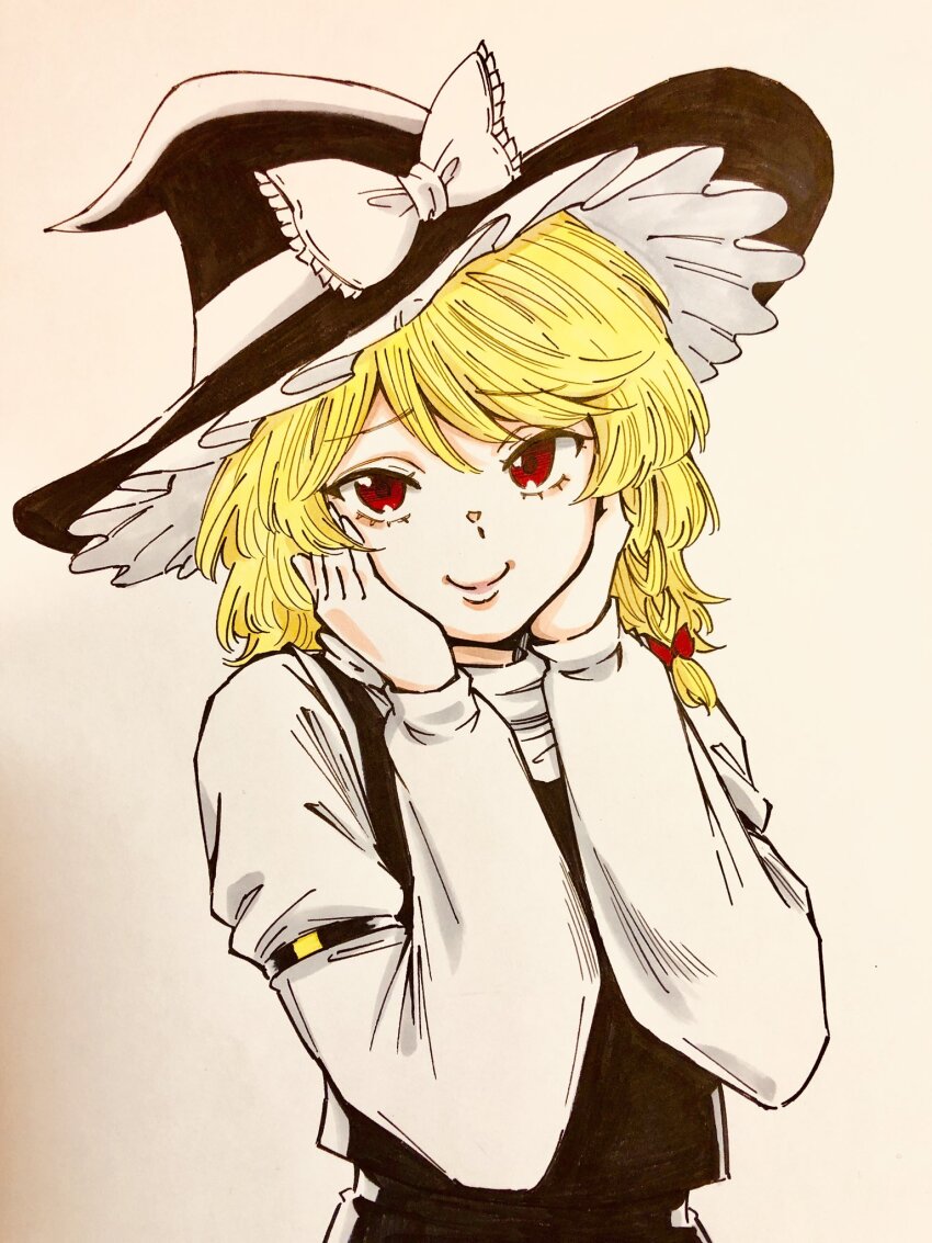 1girl black_hat black_vest blonde_hair bow closed_mouth frilled_hat frills hands_on_own_face happy hat hat_bow highres kirisame_marisa long_hair long_sleeves red_eyes s590220 shirt simple_background smile solo touhou traditional_media turtleneck upper_body vest white_background white_footwear white_shirt witch_hat
