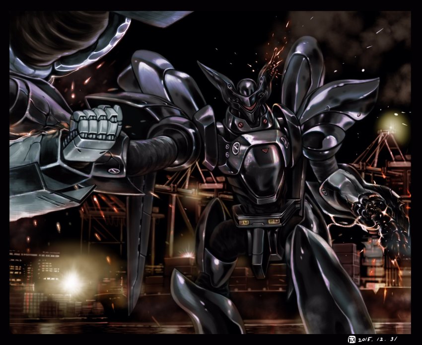 av-98_ingram black_border border clenched_hand damaged dated fighting highres kidou_keisatsu_patlabor mecha night night_sky ohtagaki_yasuo open_hand radio_antenna robot science_fiction sky solo_focus type_j-9_griffon
