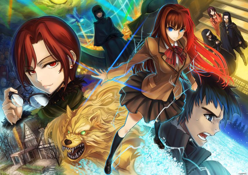 4boys 4girls aozaki_aoko aozaki_touko aozaki_touko_(mahou_tsukai_no_yoru) bird black_hair black_socks blue_eyes blue_hair cape cross earrings glasses habit highres holding holding_removed_eyewear jewelry kneehighs kuonji_alice lips long_hair looking_at_viewer lugh_beowulf lugh_beowulf_(wolf) mahou_tsukai_no_yoru multiple_boys multiple_girls nun open_mouth pleated_skirt profile purple_hair red_eyes red_hair shizuki_soujuurou short_hair sitting skirt smile socks stairs todee unworn_eyewear