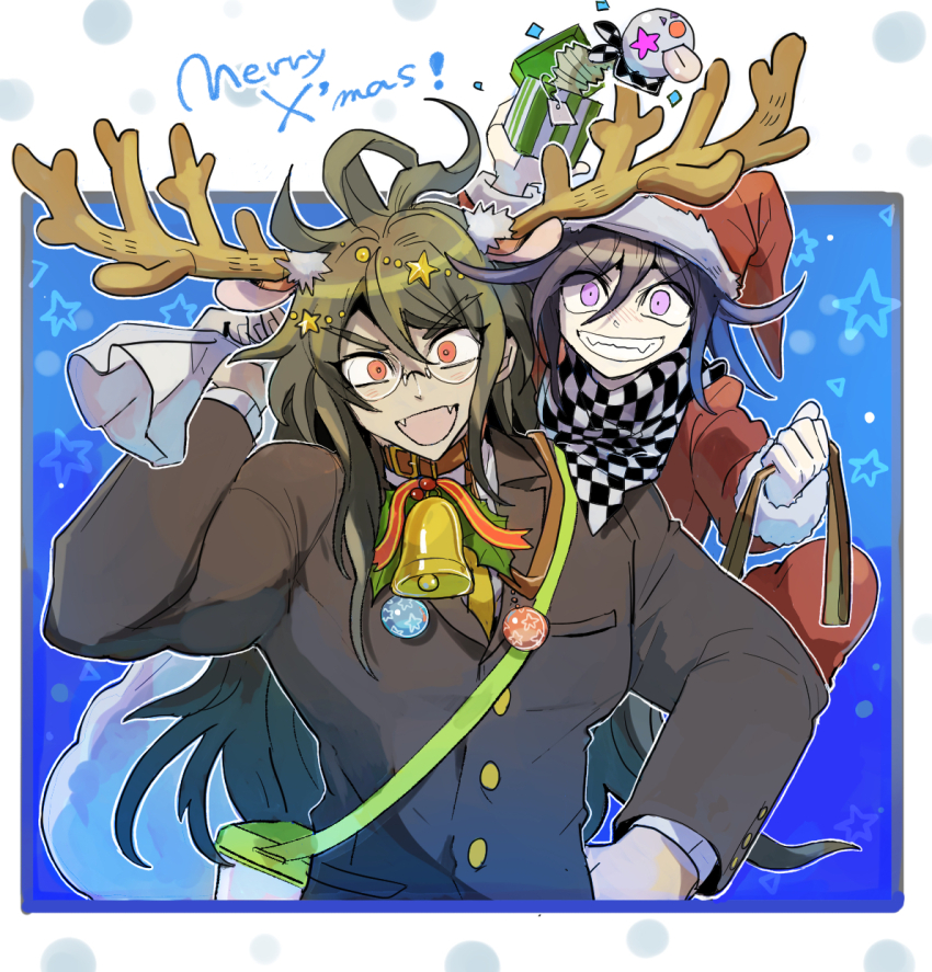 2boys antlers bell brown_jacket bug_cage checkered_clothes checkered_scarf coat danganronpa_(series) danganronpa_v3:_killing_harmony fake_antlers glasses gokuhara_gonta grin hat highres holding holding_sack horns jack-in-the-box jacket kumakoro_(tetsupag) long_hair long_sleeves looking_at_viewer male_focus merry_christmas multiple_boys neck_bell oma_kokichi open_mouth red_coat red_eyes red_hat sack santa_costume scarf smile