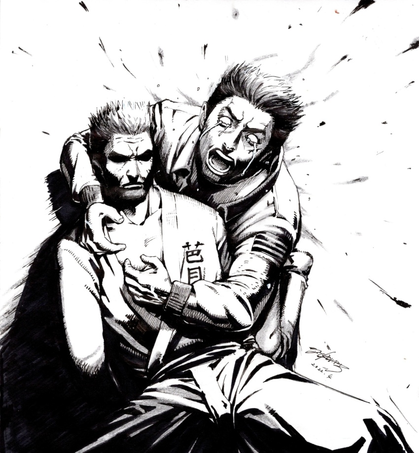 2boys black_hair bleeding blood collared_jacket corpse crying crying_with_eyes_open denim dougi facial_scar father_and_son greyscale hazuki_iwao hazuki_ryou highres holding_person jacket jeans junejamesjun leather leather_jacket looking_at_viewer monochrome multiple_boys pants patch scar scar_on_cheek scar_on_face screaming shenmue shenmue_the_animation shirt shoes sneakers spiked_hair tears white_shirt