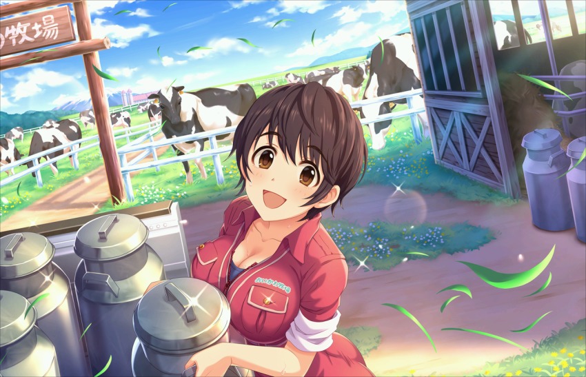 10s 1girl :d animal artist_request barn black_hair blade_of_grass blue_sky blush breasts brown_eyes buttons carrying character_name cleavage clothes_writing cloud cloudy_sky collarbone cow day dot_nose dutch_angle ear_tag eyes_visible_through_hair farm farmer farming farmwork female_focus fence flower from_above grass hair_between_eyes hay holding horizon idolmaster idolmaster_cinderella_girls idolmaster_cinderella_girls_starlight_stage jumpsuit large_breasts light_rays looking_at_viewer milk_churn mountain official_art oikawa_shizuku open_mouth outdoors path pocket raised_eyebrows ranch rancher road rural short_hair sign silo sky sleeves_rolled_up smile solo sparkle sunbeam sunlight sweat translated unzipped upper_body white_flower wind wind_lift wing_collar yellow_flower