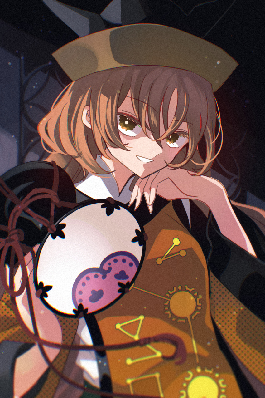 1girl black_hat blonde_hair breasts brown_hat constellation constellation_print detached_sleeves drum green_skirt hair_between_eyes hair_color_request hand_on_own_chin hat highres holding instrument katsuragi_atori long_hair long_sleeves looking_at_viewer matara_okina open_mouth orange_sleeves orange_tabard shirt skirt smile solo sun_print sun_symbol tabard teeth touhou tsuzumi white_shirt wide_sleeves yellow_eyes