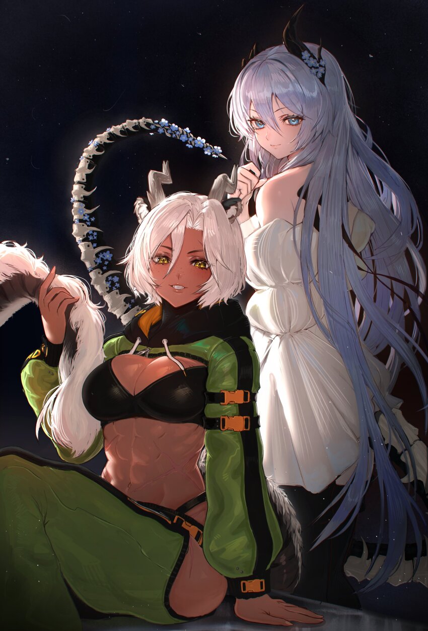 2girls abs absurdres bare_shoulders black_bra blue_eyes bone_tail bra breasts cleavage commentary dark-skinned_female dark_skin dragon_horns dragon_tail dress flower green_shrug grey_hair grin hair_between_eyes highres horn_flower horns indie_virtual_youtuber kowai_(iamkowai) large_breasts long_hair multiple_girls sansin_jin seol_(teacuppity)_(vtuber) short_hair shrug_(clothing) sitting smile tail turtleneck underwear very_long_hair virtual_youtuber white_dress white_hair yellow_eyes