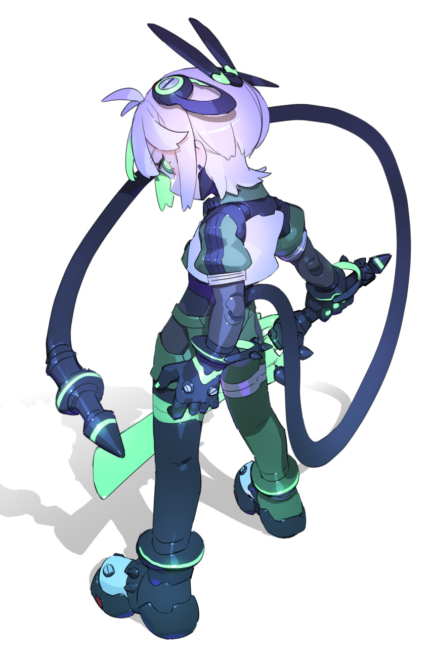 1girl absurdres cable cheri_zao cropped_jacket from_behind full_body green_eyes grey_hair highres holding holding_sword holding_weapon jacket looking_at_viewer looking_back mega_man_(series) mega_man_zero_(series) mega_man_zero_3 midoriko_(cheri_zao) omega_(mega_man) original robot_girl short_hair simple_background solo standing sword weapon white_background white_jacket