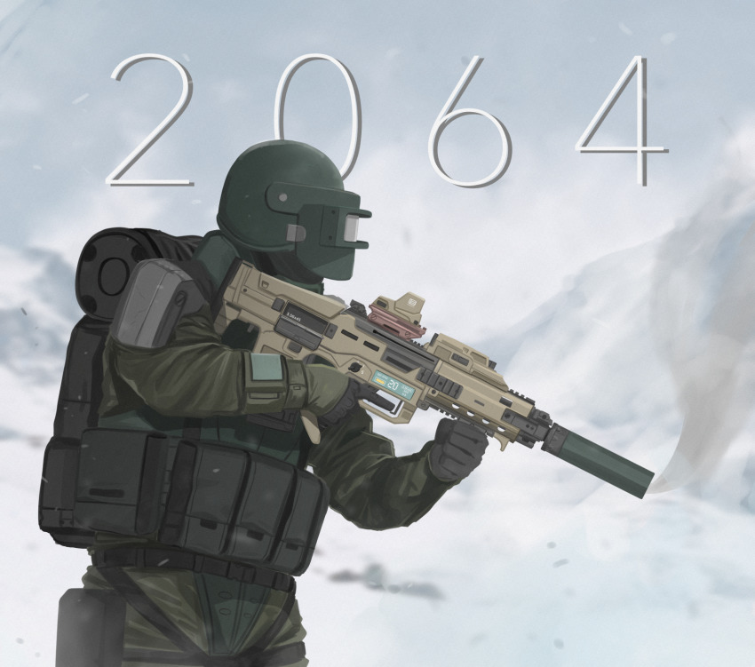 assault_rifle backpack bag ballistic_face_shield ballistic_helmet blurry blurry_background bullpup cursed_m4a1_(meme) day face_shield girls&#039;_frontline gloves green_gloves gun helmet highres holding holding_gun holding_weapon kcco_(girls&#039;_frontline) long_sleeves m4a1_(girls&#039;_frontline) outdoors parabellum rifle scope suppressor tactical_clothes weapon