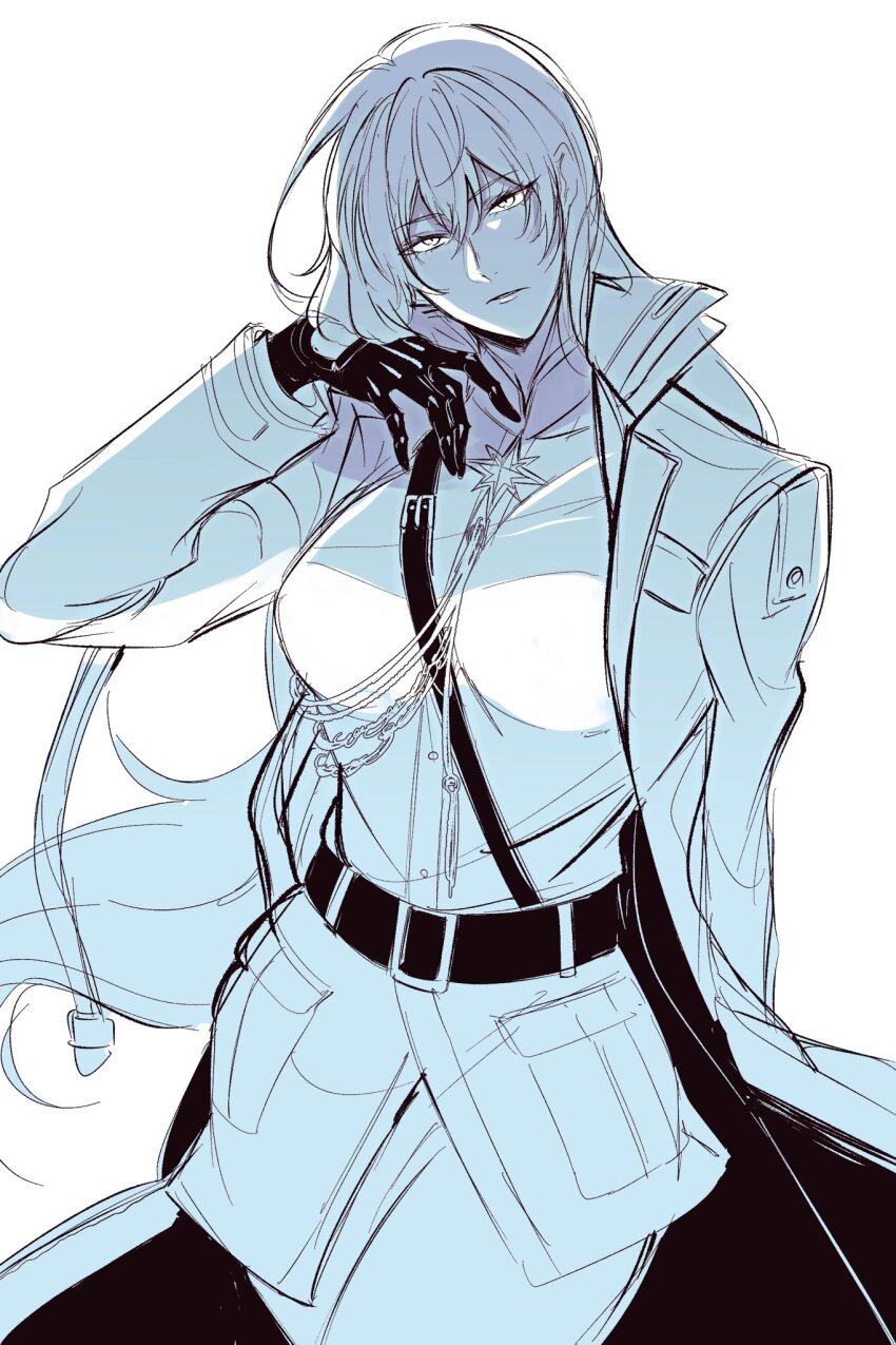 1girl belt black_gloves breasts closed_mouth coat dimjh frown genderswap genderswap_(mtf) gloves goddess_of_victory:_nikke highres jacket johan_(nikke) large_breasts long_hair looking_at_viewer military_jacket monochrome simple_background solo white_background