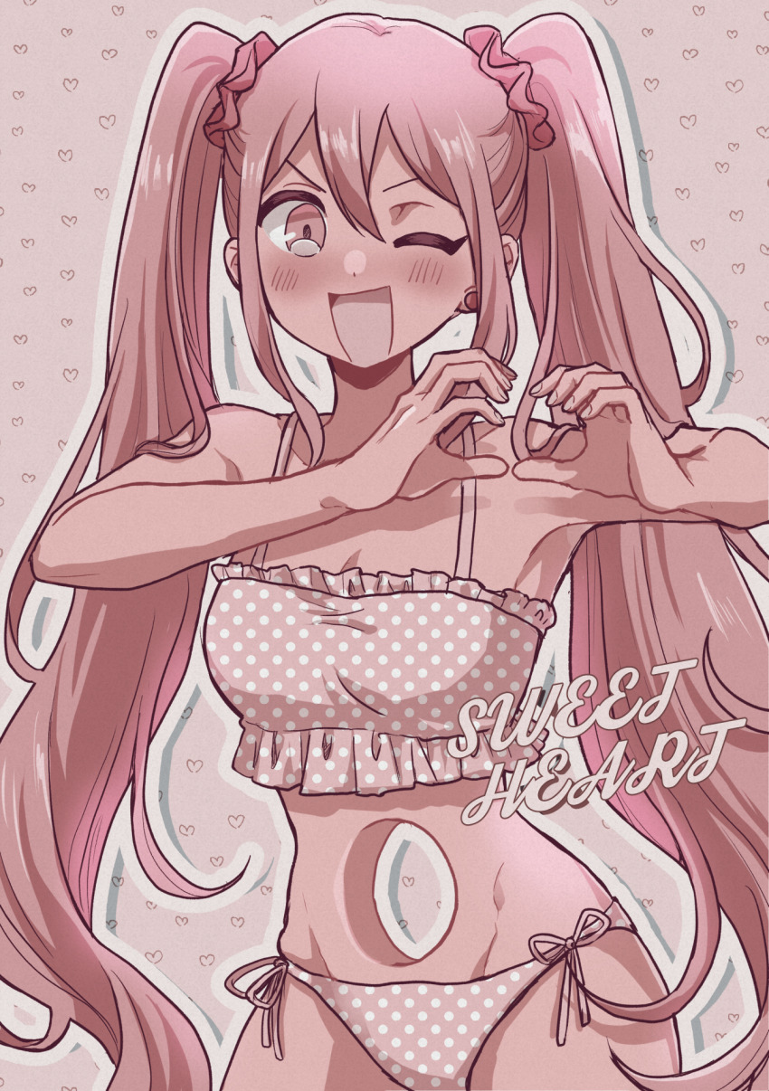 1girl alternate_costume bikini blush character_name dark-skinned_female dark_skin heart heart_hands highres inui_mamoru long_hair looking_at_viewer omori one_eye_closed open_mouth pink_bikini pink_eyes pink_hair polka_dot polka_dot_bikini smile solo sweetheart_(omori) swimsuit