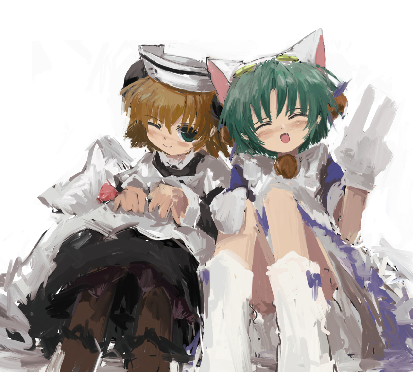 2girls absurdres animal_hat apron black_dress blonde_hair blue_dress boots cat_hat dejiko di_gi_charat dress fang gloves green_eyes green_hair hairo_(r228n) hat highres multiple_girls one_eye_closed piyoko short_hair sitting unfinished white_apron white_gloves white_hat