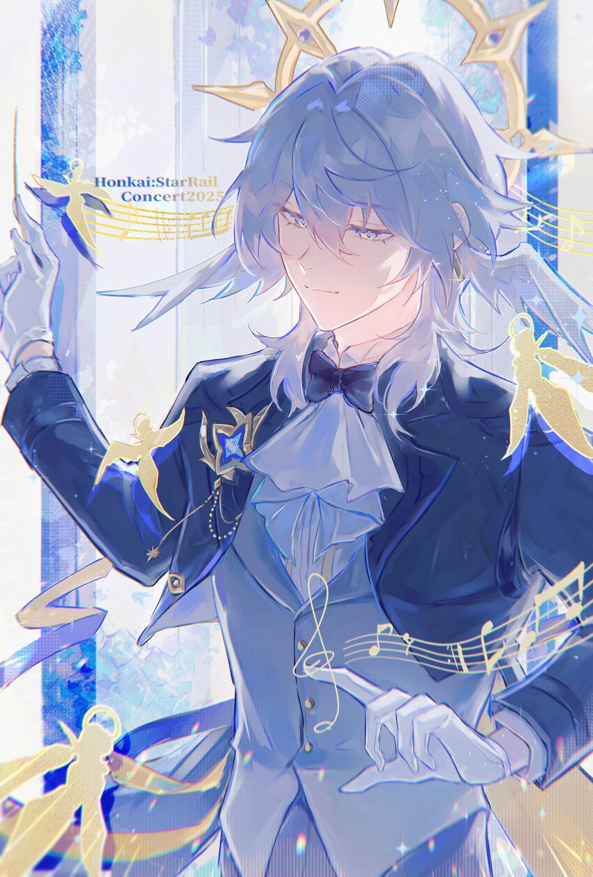 1boy absurdres ascot black_bow black_bowtie black_jacket bow bowtie commentary conductor_baton cropped_jacket dutch_angle english_commentary gloves grey_hair halo head_wings highres holding_baton honkai:_star_rail honkai_(series) jacket male_focus musical_staff roscoe_(onyx_black89) serious short_hair solo sunday_(honkai:_star_rail) sunday_(star_rail_live_2025)_(honkai:_star_rail) treble_clef upper_body white_ascot white_background white_gloves wings yellow_eyes