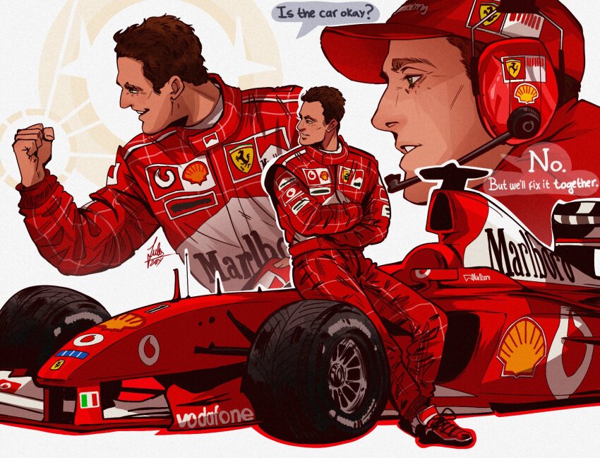 1boy 2boys blue_eyes brown_hair car character_request clenched_hand crossed_arms english_text ferrari formula_one formula_racer hair_behind_ear highres italian_flag looking_to_the_side male_focus marlboro michael_schumacher motor_vehicle multiple_boys multiple_views parted_lips race_vehicle racecar real_life schumisnoopy shell_(company) smile speech_bubble spoiler_(automobile) sponsor vodafone
