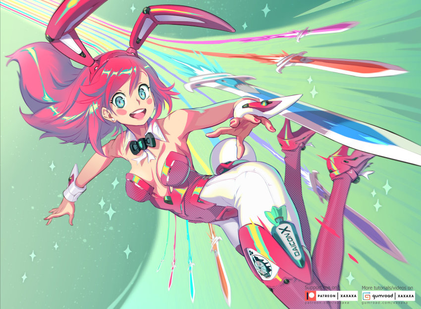 1girl animal_ears bare_shoulders black_bow black_bowtie blue_eyes blush_stickers boots bow bowtie breasts commentary cosplay daicon daicon_bunny_girl daicon_bunny_girl_(cosplay) daicon_iv detached_collar earrings english_commentary fake_animal_ears fake_tail fingernails floating_sword full_body high_heel_boots high_heels highleg highleg_leotard highres jewelry leotard long_hair long_legs looking_at_viewer medium_breasts motion_blur multiple_swords nail_polish pantyhose pink_hair pink_nails playboy_bunny rabbit_ears rabbit_tail red_leotard science_fiction seamed_legwear solo strapless strapless_leotard stud_earrings surfing sword_surfing tail teeth thigh_boots traditional_bowtie upper_teeth_only white_pantyhose wrist_cuffs xaxaxa