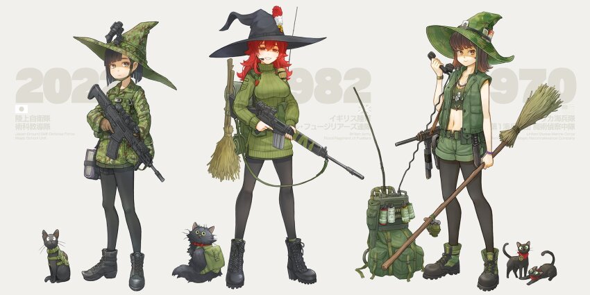 3girls ace_(playing_card) ace_of_spades american_flag backpack bag battle_rifle black_footwear black_hair black_headwear black_pantyhose boots breasts british_army broom brown_gloves brown_hair camouflage camouflage_headwear camouflage_jacket card cat cigarette_pack combat_boots combat_knife dog_tags english_text expressionless fn_fal gloves green_jacket green_shorts gun gun_sling hat highres holding holding_weapon howa_type_20 insignia jacket japan_ground_self-defense_force japan_self-defense_force japanese_flag jewelry knife long_sleeves m18_grenade m26_(frag_grenade) m3_submachine_gun medium_breasts mifune_(_mifune_707) military military_combat_uniform military_jacket military_uniform multiple_girls necklace original pantyhose playing_card product_placement radio red_hair rifle shorts smile spade_(shape) submachine_gun union_jack united_states_marine_corps unworn_backpack unworn_bag weapon witch witch_hat