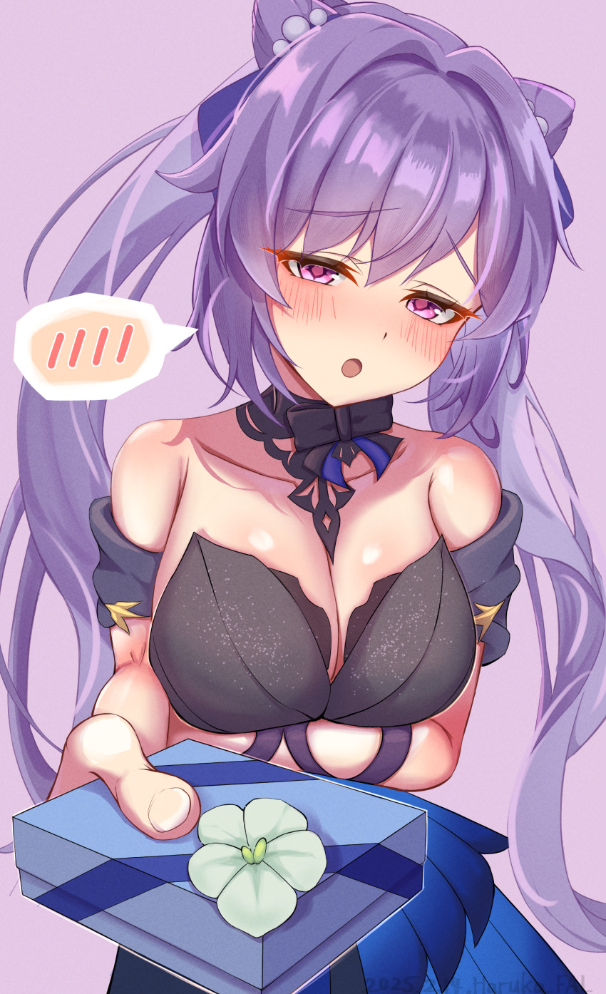 1girl absurdres blush bow breasts cleavage cone_hair_bun dress genshin_impact hair_bun haruka_f4l highres keqing_(genshin_impact) keqing_(opulent_splendor)_(genshin_impact) long_hair purple_eyes purple_hair solo strapless strapless_dress twintails