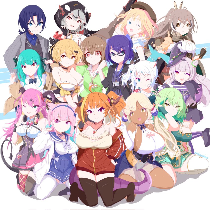 6+girls a-chan_(1st_costume)_(hololive) a-chan_(hololive) ahoge animal_ears arched_bangs bat_hair_ornament beret black-framed_eyewear black_gloves black_hair black_hat black_thighhighs blonde_hair blue_bow blue_eyes blue_hair blue_shirt blue_skirt blunt_bangs bob_cut bow breasts brown_capelet brown_cloak brown_corset brown_eyes brown_hair bubba_(watson_amelia) capelet cardigan cat_ears ceres_fauna ceres_fauna_(1st_costume) cloak closed_mouth collared_shirt corset dark-skinned_female dark_skin demon_girl demon_horns detective dragon_girl dragon_horns erikuukun feather_hair_ornament feathers fingerless_gloves fins fish_tail gawr_gura gawr_gura_(casual) glasses gloves green_cardigan green_eyes grey_jacket grey_shirt hair_bow hair_bun hair_ornament hairclip harusaki_nodoka harusaki_nodoka_(1st_costume) hat highres hiodoshi_ao hiodoshi_ao_(1st_costume) hololive hololive_dev_is hololive_english holostars holostars_english horns id_card jacket kemonomimi_mode kiryu_coco kiryu_coco_(loungewear) large_breasts long_hair long_sleeves looking_at_viewer lowleg lowleg_skirt mano_aloe medium_breasts minato_aqua minato_aqua_(sailor) mole mole_under_mouth multicolored_hair multiple_girls murasaki_shion murasaki_shion_(1st_costume) nanashi_mumei nanashi_mumei_(1st_costume) office_lady official_alternate_costume one_side_up open_mouth ponytail purple_hair red_jacket sakamata_chloe sakamata_chloe_(1st_costume) shark_girl shark_hair_ornament shark_tail shirt short_hair side_up_bun simple_background skirt small_breasts smile streaked_hair striped_clothes striped_shirt tail thighhighs torn_clothes torn_thighhighs tsukumo_sana tsukumo_sana_(1st_costume) twintails two-tone_sweater uruha_rushia uruha_rushia_(school_uniform) vertical-striped_clothes vertical-striped_shirt very_long_hair virtual_graduation_commemoration virtual_youtuber watson_amelia watson_amelia_(street_casual) white_background white_hair white_shirt yellow_eyes yozora_mel yozora_mel_(1st_costume)