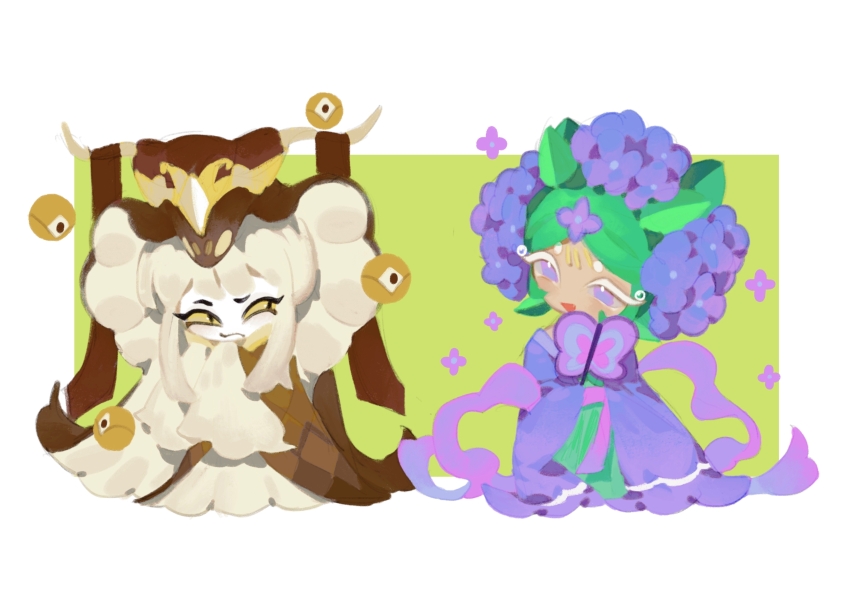 1girl 1other absurdres androgynous bozi_(labochushi) chinese_clothes cookie_run flower hair_flower hair_ornament highres hydrangea_cookie long_hair looking_at_another sleeves_past_wrists slit_pupils snake_fruit_cookie very_long_hair white_hair yellow_eyes