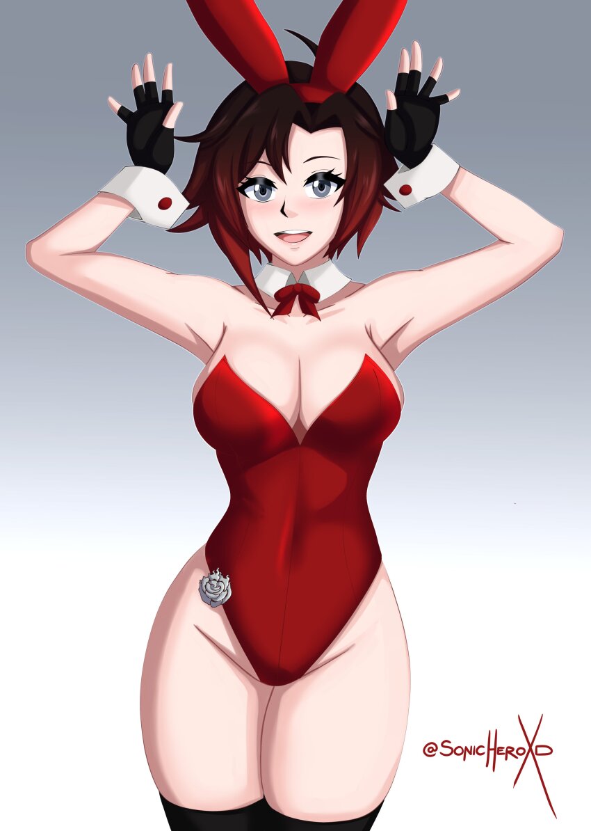 1girl absurdres animal_ears black_hair breasts detached_collar fake_animal_ears gradient_hair grey_eyes highres leotard looking_at_viewer made_in_2025 multicolored_hair open_mouth playboy_bunny rabbit_ears rabbit_tail red_hair red_leotard ruby_rose rwby short_hair smile solo sonicheroxd strapless strapless_leotard tail thick_thighs thighs wrist_cuffs