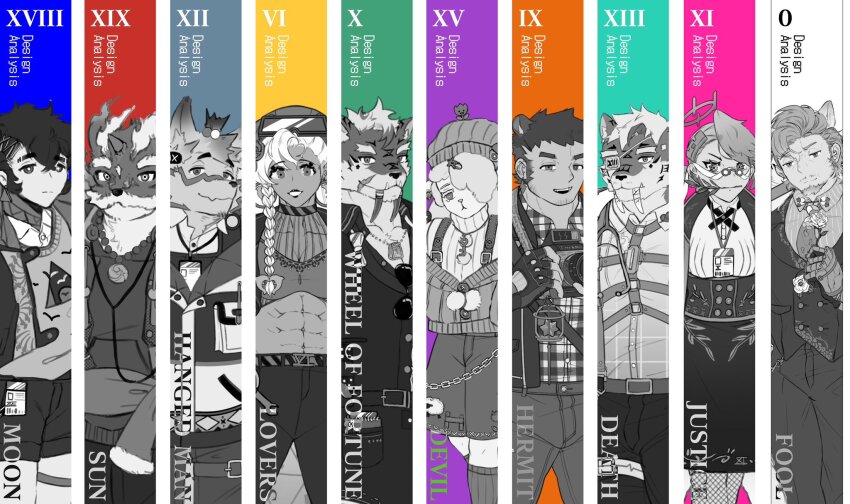 amarok_(monochrome_finale) blanc_macbelth_(monochrome_finale) calypso_(monochrome_finale) card deimos_(monochrome_finale) highres kie_(monochrome_finale) kiekoio lahar_(monochrome_finale) looking_at_viewer mingri_(monochrome_finale) monochrome monochrome_finale pax_(monochrome_finale) phobos_(monochrome_finale) ratatoskr_(monochrome_finale) roman_numeral tarot tarot_card