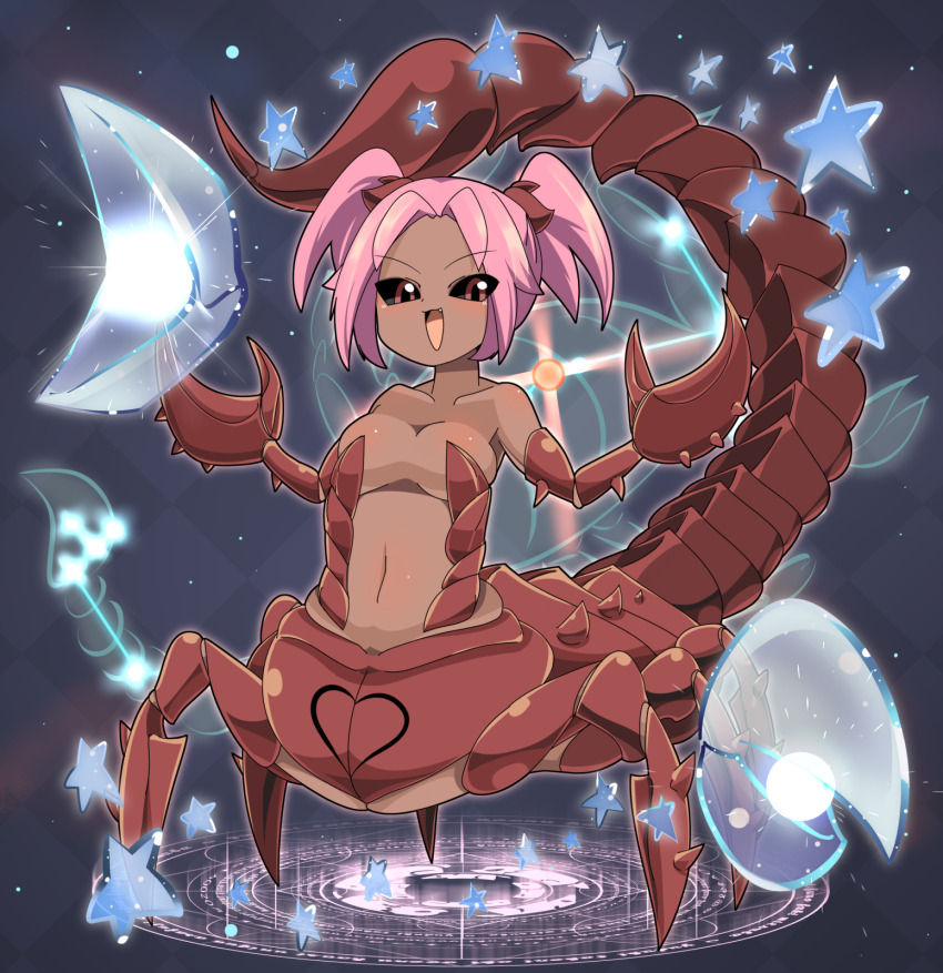 1girl arthropod_girl black_sclera blush breasts brown_eyes checkered_background colored_sclera commentary_request constellation dark-skinned_female dark_skin fang full_body grey_background highres lets0020 looking_at_viewer medium_breasts monster_girl navel open_mouth original parted_bangs pink_hair scorpion_girl scorpius_(constellation) short_hair short_twintails smile solo sparkle star_(symbol) twintails