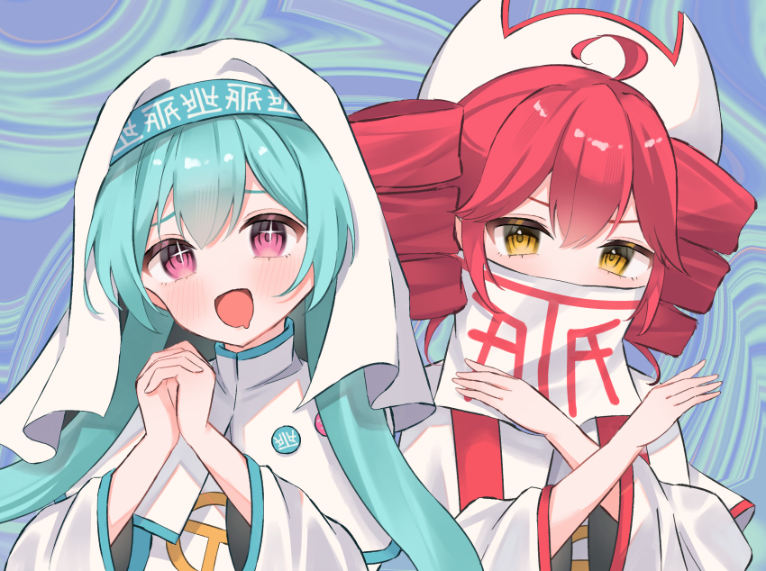 2girls :d blush green_hair hair_between_eyes hat hatsune_miku highres japanese_clothes kasane_teto long_hair looking_at_viewer mokoinu_(pixiv_27216243) multiple_girls open_mouth pink_eyes praying red_hair short_hair smile tongue twintails upper_body vocaloid yellow_eyes