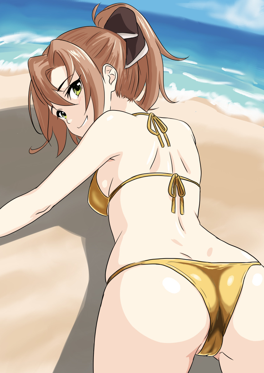1girl absurdres akigumo_(kancolle) akigumo_kai_ni_(kancolle) all_fours ass beach bikini blue_sky bone_namu(namu49850) brown_hair cloud cowboy_shot day gold_bikini green_eyes hair_ribbon highres horizon kantai_collection long_hair looking_at_viewer looking_back ocean outdoors ponytail ribbon sky solo swimsuit