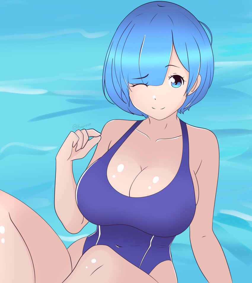 1girl absurdres blue_eyes blue_hair blue_one-piece_swimsuit breasts cleavage collarbone highleg highleg_one-piece_swimsuit highres krejzart large_breasts looking_at_viewer one-piece_swimsuit one_eye_closed pool re:zero_kara_hajimeru_isekai_seikatsu rem_(re:zero) ribbon short_hair sitting smile swimsuit thick_thighs thighs water wink