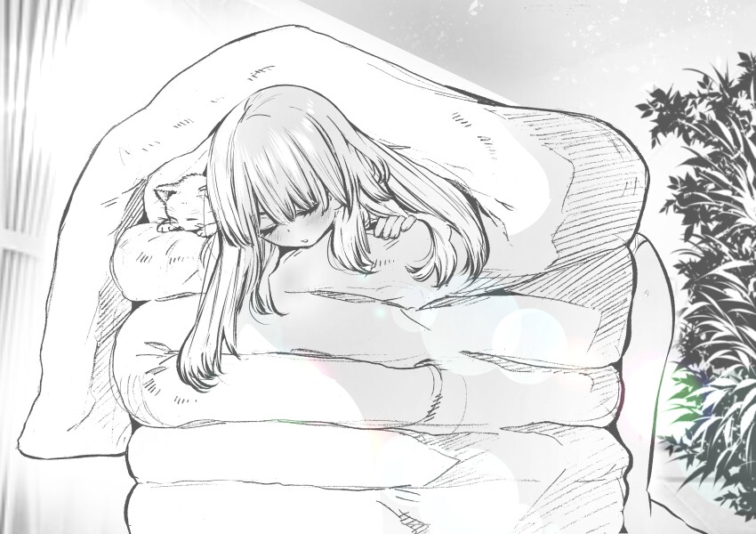 1girl absurdres bent_over cat closed_eyes futon greyscale highres indoors kneeling kojima_takeshi long_hair monochrome open_mouth original plant sleeping solo sweat underwear underwear_only