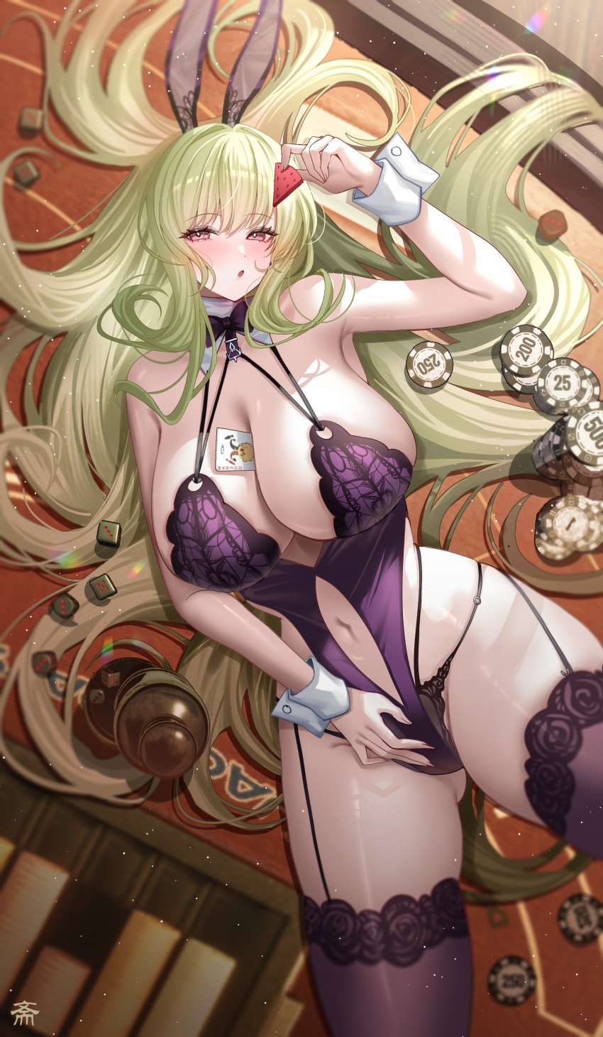 1girl :o absurdres animal_ears azur_lane bare_arms bare_shoulders black_panties blush bow bowtie breasts cleavage fake_animal_ears green_hair highres holding large_breasts leotard long_hair looking_at_viewer lying napoli_(azur_lane) napoli_(dreamy_night)_(azur_lane) navel official_alternate_costume on_back open_mouth panties playboy_bunny purple_bow purple_bowtie purple_eyes purple_leotard purple_thighhighs rabbit_ears solo tansuan_(ensj3875) thighhighs thighs underwear wrist_cuffs