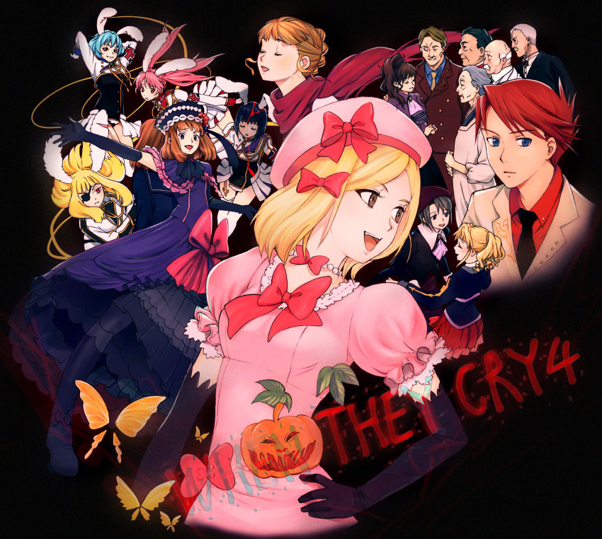 07th_expansion 6+boys 6+girls animal_ears bad_id bad_pixiv_id beatrice_castiglioni black_gloves black_hair blonde_hair blue_eyes blue_hair brown_hair chiester00 chiester410 chiester45 chiester556 chiester_sisters closed_eyes copyright_name elbow_gloves eva_beatrice gloves gouda_toshirou grey_eyes grey_hair hand_on_own_hip hat highres jack-o&#039;-lantern kanon_(umineko) kumasawa_chiyo lambdadelta multiple_boys multiple_girls nanjou_terumasa necktie no_naku_koro_ni_(series) open_mouth pink_hair pink_hat ponytail rabbit_ears red_eyes red_hair ronoue_genji smile umineko_no_naku_koro_ni umishima_senbon ushiromiya_battler ushiromiya_jessica ushiromiya_krauss ushiromiya_natsuhi white_hair