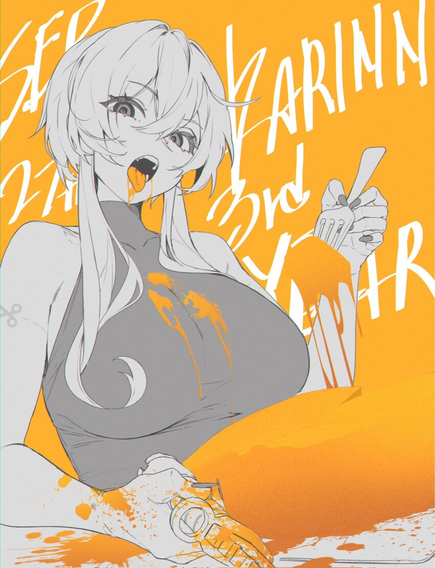 1girl breasts fork highres knife large_breasts long_hair looking_at_viewer monochrome nine_(kanine41) original sleeveless solo tongue tongue_out twitter