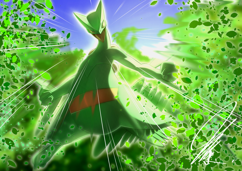 1boy absurdres aura black_eyes blue_sky clenched_hands cloud colored_sclera colored_skin day dynamic_pose falling_leaves floating forest from_below full_body game_freak gen_3_pokemon glowing green_aura green_sclera green_skin highres leaf light_rays looking_at_viewer mitsukuma448 motion_lines nature nintendo open_mouth pokemon pokemon_(creature) red_skin sceptile signature sky solo tail tongue yellow_eyes