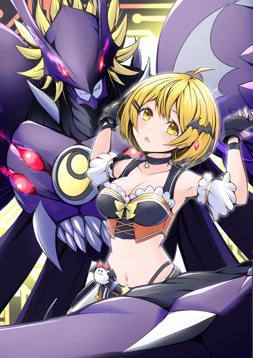 1boy 1girl blonde_hair breasts claws digimon digimon_(creature) highres looking_at_viewer medium_breasts neodevimon short_hair vampire wings