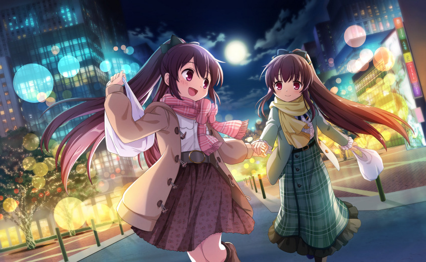 2girls amane_tsukasa amane_tsukasa_(winter_costume) amane_tsukuyo amane_tsukuyo_(winter_costume) artist_request bag belt belt_buckle black_belt black_bow black_ribbon black_socks blazer boots bow brown_boots brown_coat brown_hair brown_skirt buckle building buttons center_frills cityscape closed_mouth cloud coat collared_shirt dot_nose feet_out_of_frame floating_clothes floating_hair floral_print frilled_skirt frilled_sleeves frills fringe_trim full_moon game_cg gold_buckle green_jacket green_skirt grocery_bag hair_between_eyes hair_bow high-waist_skirt highres holding holding_bag holding_hands jacket knee_boots kneehighs knees leg_up light_blush light_particles long_hair long_skirt long_sleeves looking_at_another magia_record:_mahou_shoujo_madoka_magica_gaiden mahou_shoujo_madoka_magica mahou_shoujo_madoka_magica_magia_exedra miniskirt moon multiple_girls neck_ribbon night night_sky official_art open_clothes open_coat open_mouth outdoors pink_bow pink_eyes pink_scarf plaid_bow plaid_clothes plaid_scarf plaid_skirt pleated_skirt puffy_long_sleeves puffy_sleeves ribbon road running scarf shirt shopping_bag siblings sisters skirt sky skyscraper sleeves_past_wrists smile socks split_ponytail street tareme third-party_source tree twins very_long_hair white_shirt wind winter_clothes winter_coat yellow_scarf