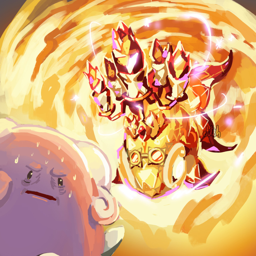 absurdres blissey chi-yu_(pokemon) commentary english_commentary errantsquam fire gameplay_mechanics gen_2_pokemon highres nervous nervous_sweating nintendo no_humans pokemon pokemon_(creature) sweat terastallization