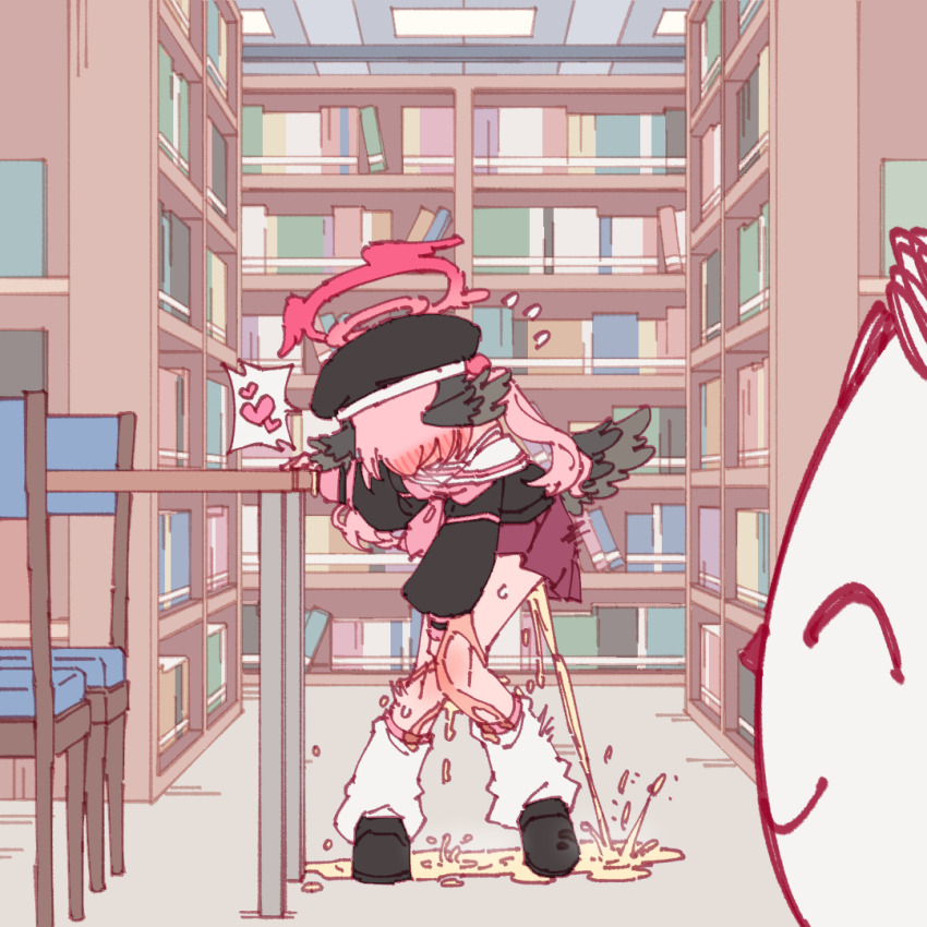 1girl beret black_footwear black_hat black_shirt black_wings blue_archive chinese_commentary commentary commentary_request doodle_sensei_(blue_archive) english_commentary feathered_wings flying_sweatdrops full_body hair_blush halo hat head_wings heart indoors koharu_(blue_archive) library long_hair long_sleeves loose_socks low_wings miniskirt paid_reward_available pee peeing peeing_self pink_hair pink_halo pink_skirt pleated_skirt puddle rune_(dualhart) sailor_collar sensei_(blue_archive) shirt shoes skirt socks speech_bubble spoken_heart standing twintails walk-in white_sailor_collar white_socks wings