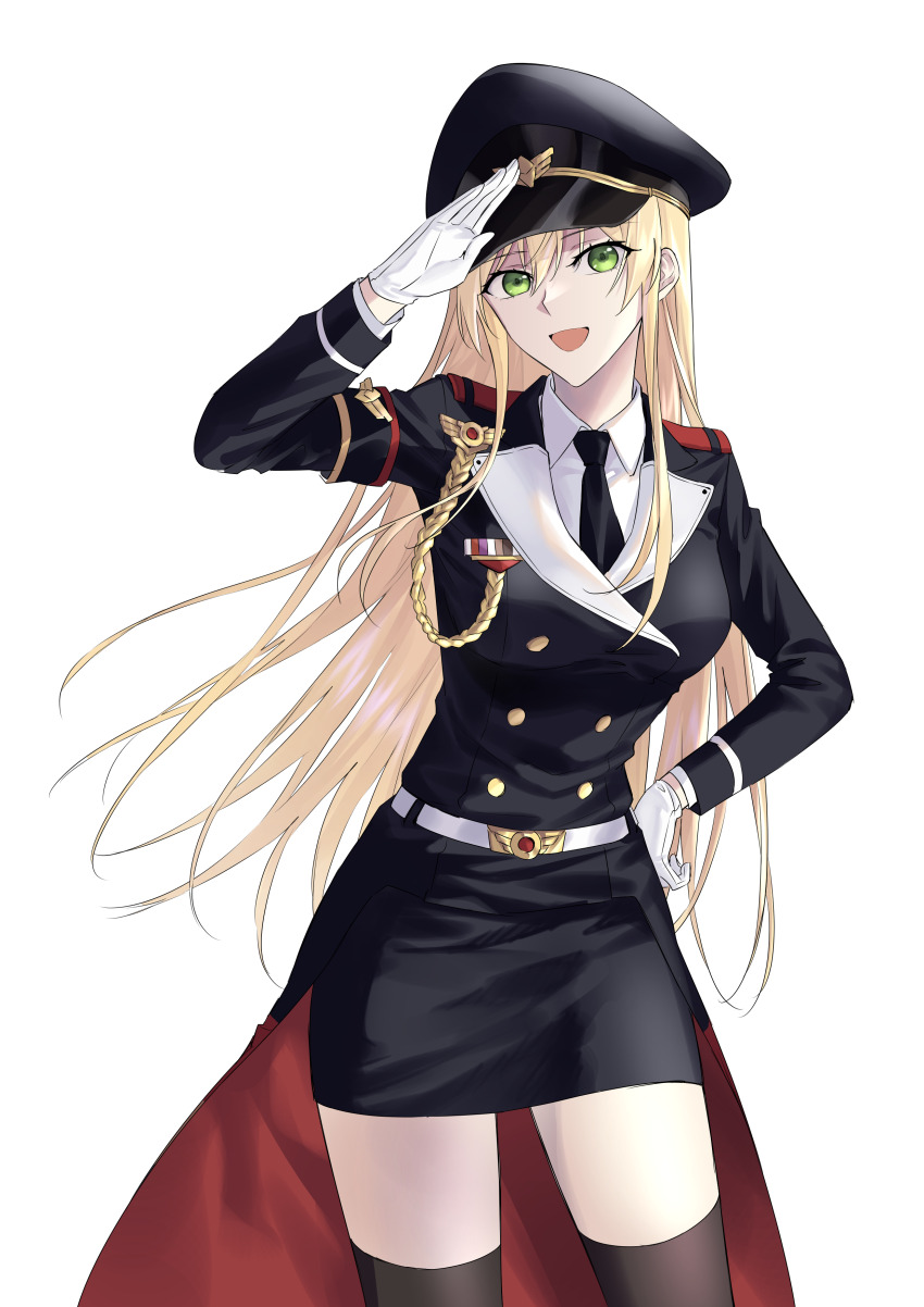 1girl :d absurdres black_dress black_necktie black_thighhighs blonde_hair breasts contrapposto cowboy_shot dress girls&#039;_frontline gloves green_eyes hand_on_own_hip hat highres large_breasts long_hair long_sleeves looking_at_viewer military_hat military_uniform necktie open_mouth peaked_cap salute shirt smile solo stg44_(girls&#039;_frontline) suprii thighhighs white_background white_gloves white_shirt