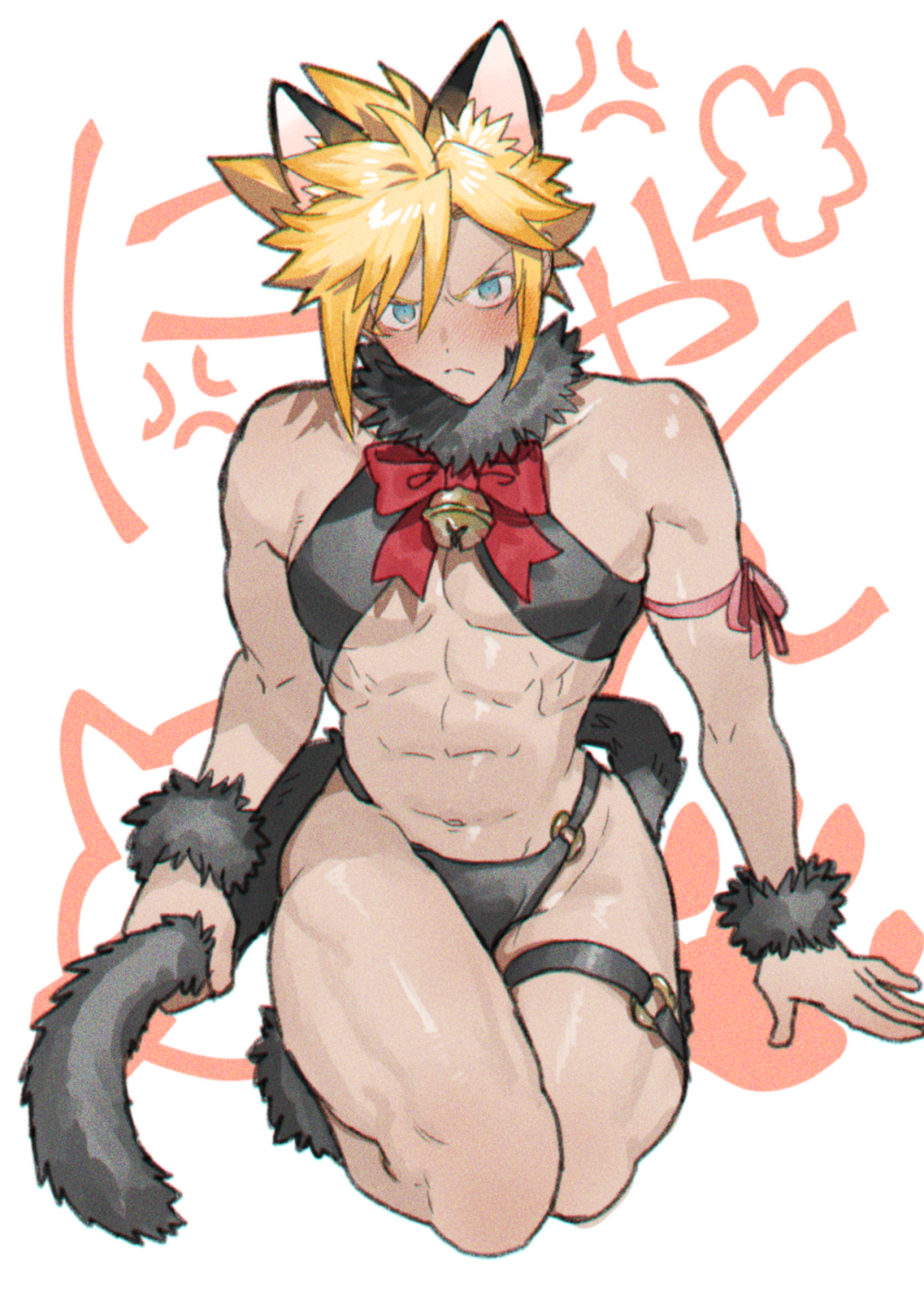 1boy abs angry animal_ears arm_ribbon bell blonde_hair blue_eyes blush cat_ears cat_tail cloud_strife crossdressing crossdressing_(mtf) embarrassed final_fantasy final_fantasy_vii fur_choker fur_wrist_cuffs highres holding_own_tail kemonomimi_mode male_focus navel neck_bell none_(kameko227) red_ribbon ribbon short_hair spiked_hair stomach tail thighs toned toned_male wrist_cuffs