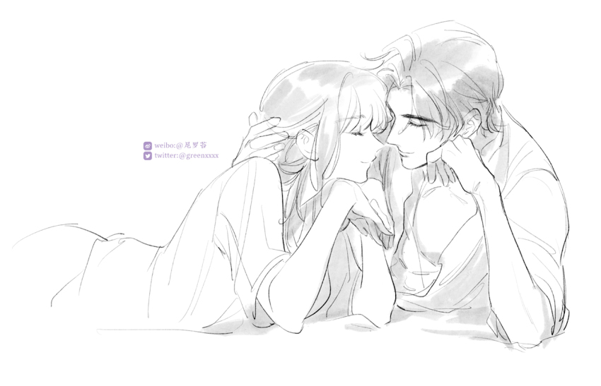 1boy 1girl abs blunt_bangs charlie_su closed_eyes closed_mouth greenchou head_rest imminent_kiss light_and_night_love long_hair lying monochrome on_stomach parted_bangs pectorals protagonist_(light_and_night_love) shirt short_hair short_sleeves sketch sleeve_rolled_up smile twitter_logo twitter_username watermark weibo_watermark